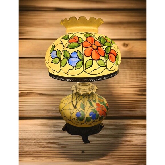 Vintage 23" Hurricane Tiffany Style Table Lamp Hand Painted Floral Gone W/ Wind - Picture 1 of 16